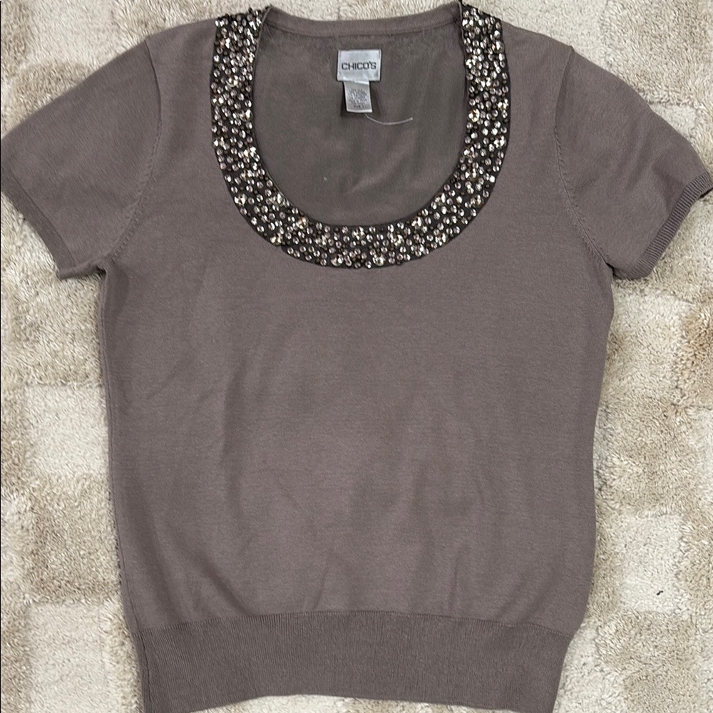 Chico's Beaded Neck Short Sleeve Top